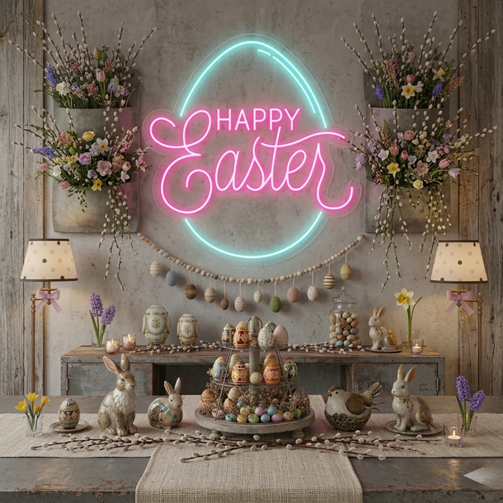 Happy Easter Egg LED neon sign glowing on wall by Neon.Shop