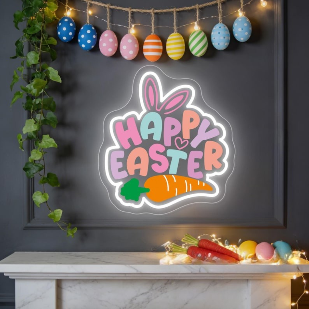 Happy Easter UV printed LED neon sign glowing on wall by Neon.Shop