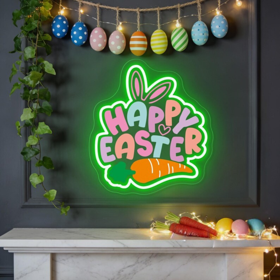 Happy Easter UV printed LED neon sign glowing on wall by Neon.Shop