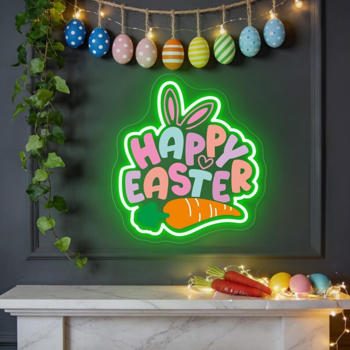 Happy Easter UV printed LED neon sign glowing on wall by Neon.Shop