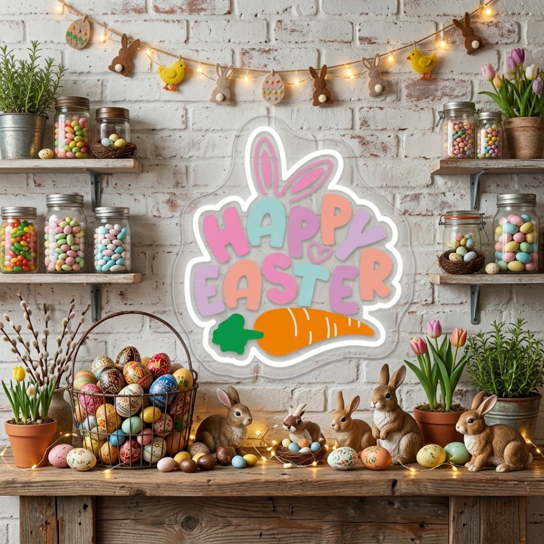 Happy Easter UV printed LED neon sign glowing on wall by Neon.Shop
