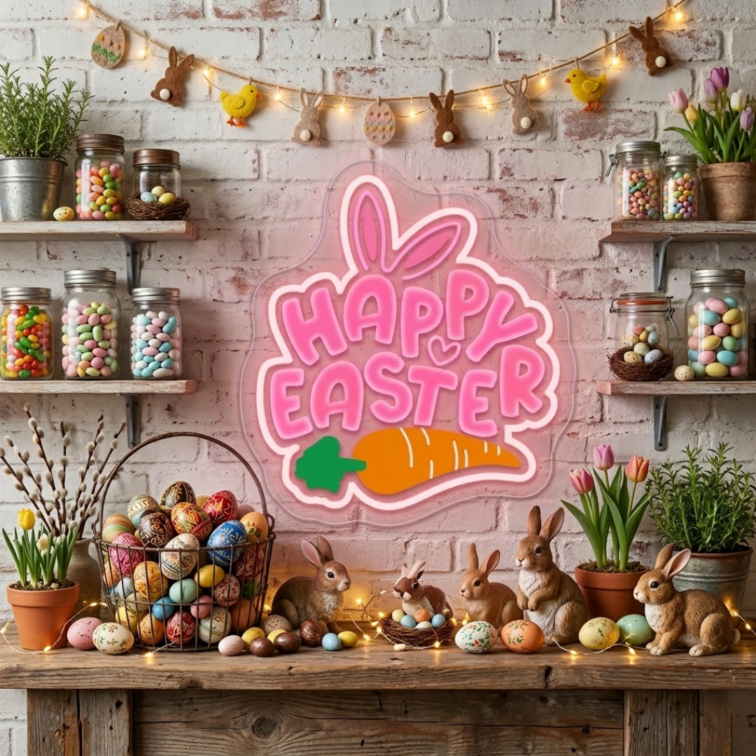Happy Easter UV printed LED neon sign glowing on wall by Neon.Shop