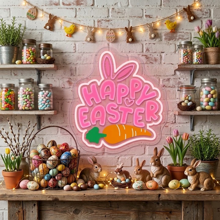Happy Easter UV printed LED neon sign glowing on wall by Neon.Shop