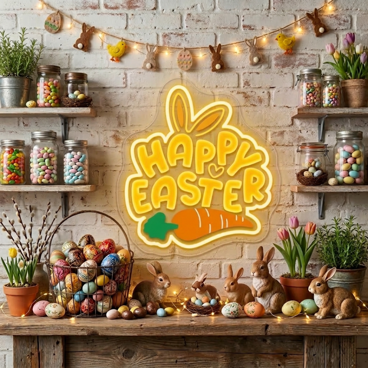 Happy Easter UV printed LED neon sign glowing on wall by Neon.Shop