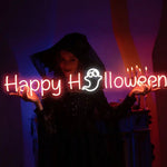 Happy Halloween LED neon sign glowing brightly, ideal for Halloween parties, home décor, and spooky seasonal displays by Neon.Shop