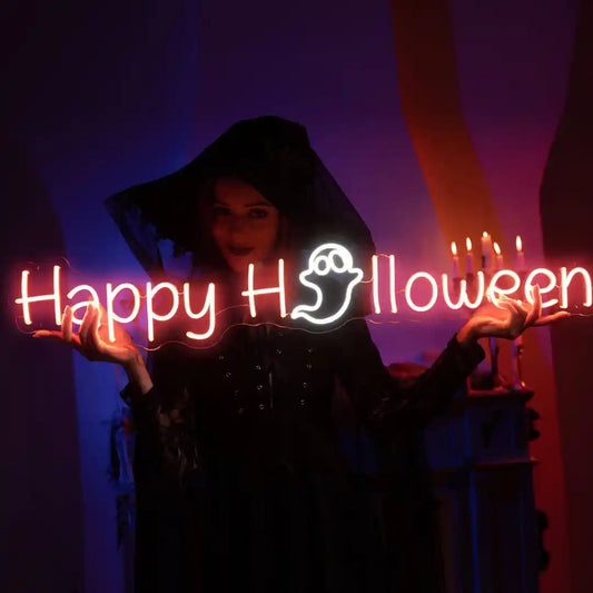 Happy Halloween LED neon sign glowing brightly, ideal for Halloween parties, home décor, and spooky seasonal displays by Neon.Shop