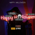 Happy Halloween LED neon sign glowing brightly, ideal for Halloween parties, home décor, and spooky seasonal displays by Neon.Shop