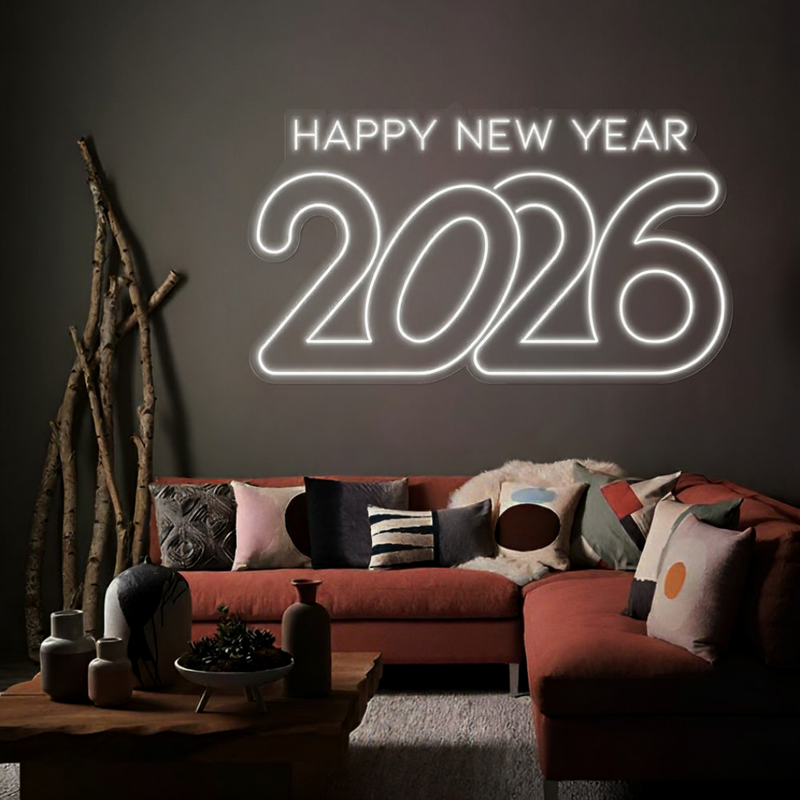 Happy New Year 2026' LED neon sign in a futuristic script, glowing in electric White by Neon.Shop.