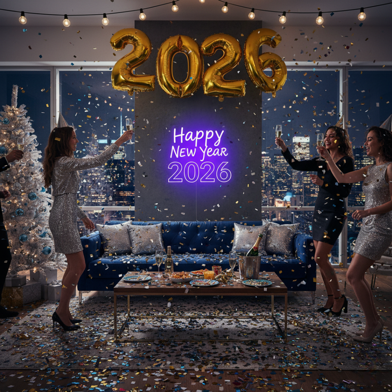 'Happy New Year 2026' LED neon sign in electric blue and pink, mounted on a dark textured wall by Neon.Shop.