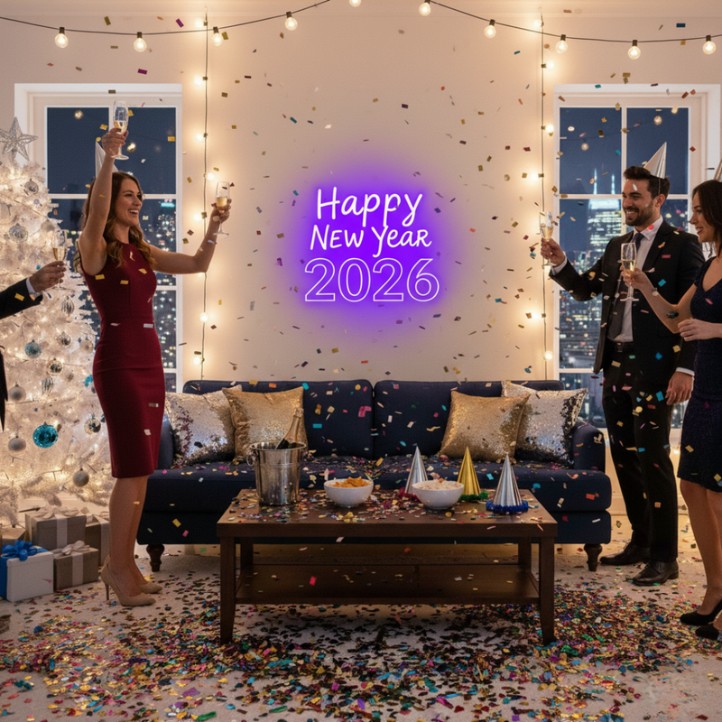 'Happy New Year 2026' LED neon sign in electric blue and pink, mounted on a dark textured wall by Neon.Shop.