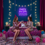 'Happy New Year 2026' LED neon sign in electric blue and pink, mounted on a dark textured wall by Neon.Shop.