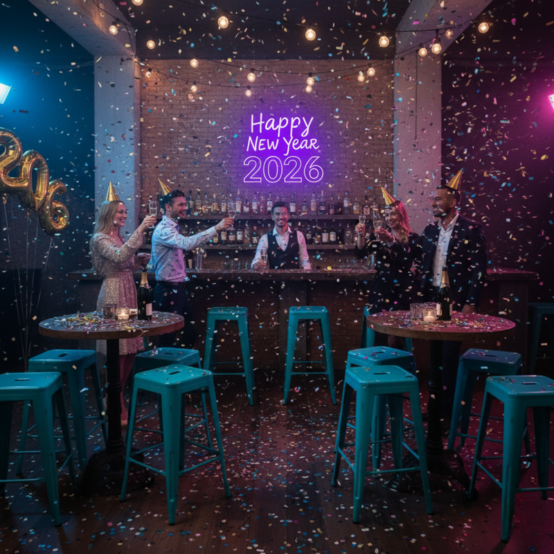 'Happy New Year 2026' LED neon sign in electric blue and pink, mounted on a dark textured wall by Neon.Shop.