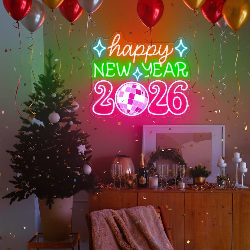 'Happy New Year 2026' neon sign surrounded by disco balls and silver tinsel, presented by Neon.Shop.