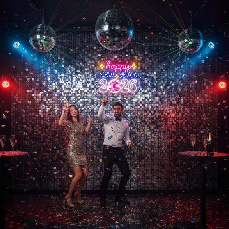 'Happy New Year 2026' neon sign surrounded by disco balls and silver tinsel, presented by Neon.Shop.