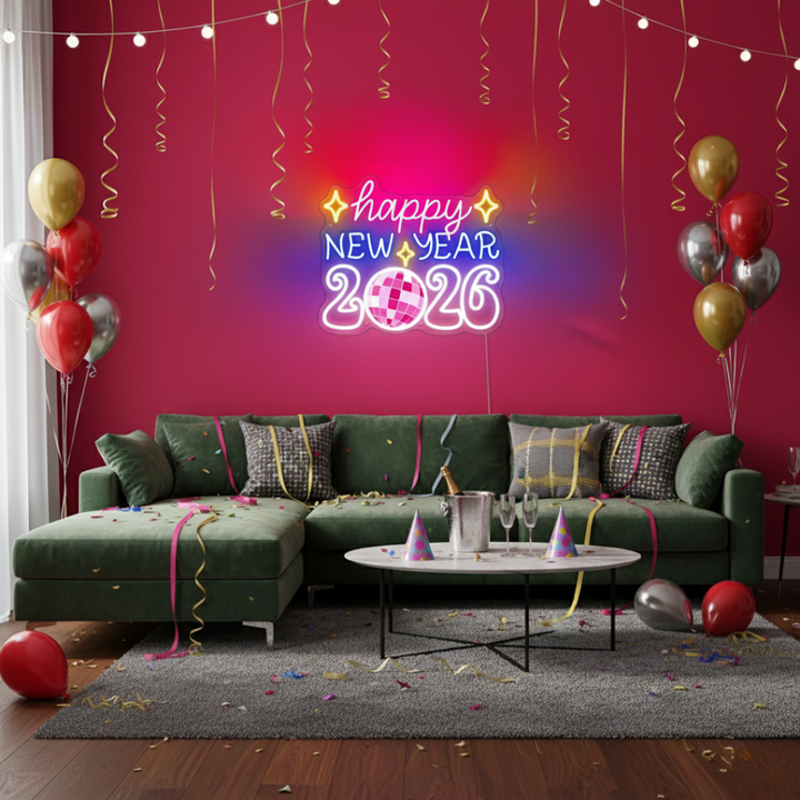 'Happy New Year 2026' neon sign surrounded by disco balls and silver tinsel, presented by Neon.Shop.