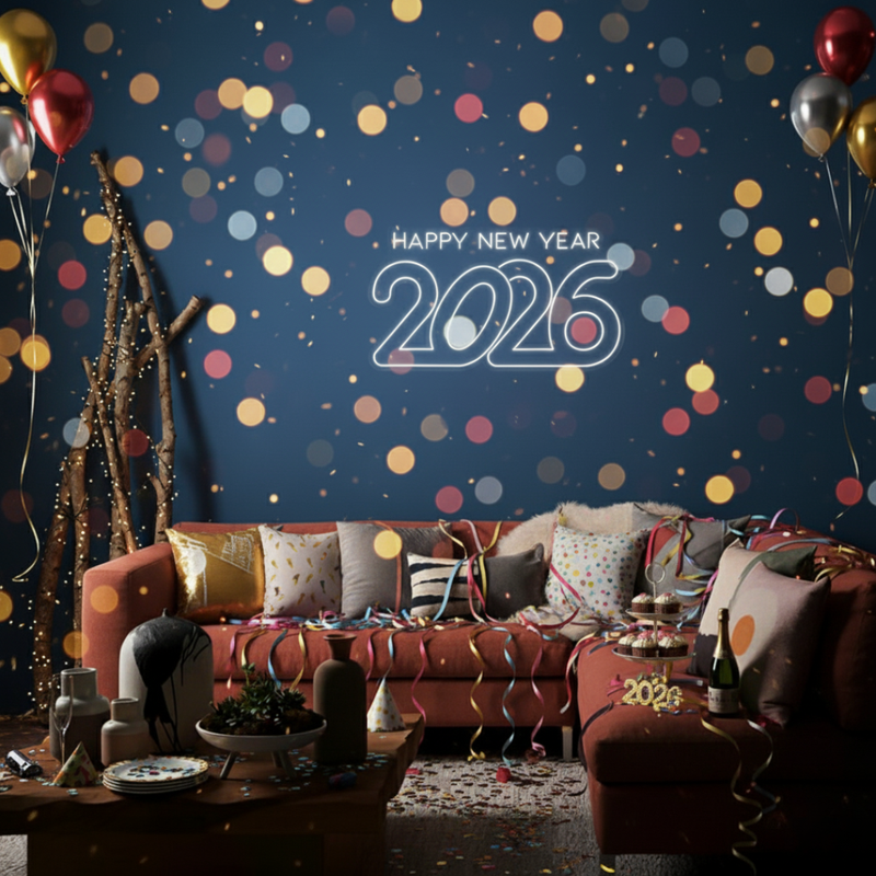 Happy New Year 2026' LED neon sign in a futuristic script, glowing in electric White by Neon.Shop.