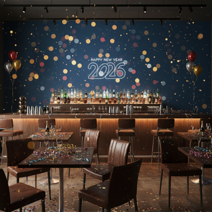 Happy New Year 2026' LED neon sign in a futuristic script, glowing in electric White by Neon.Shop.