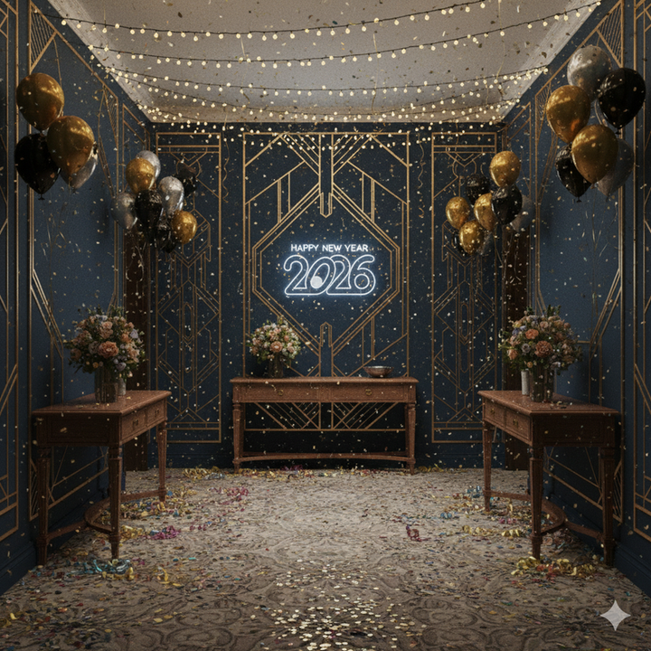 Happy New Year 2026' LED neon sign in a futuristic script, glowing in electric White by Neon.Shop.