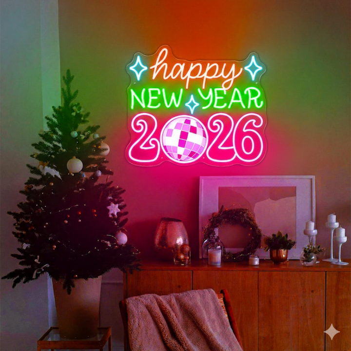 'Happy New Year 2026' neon sign surrounded by disco balls and silver tinsel, presented by Neon.Shop.