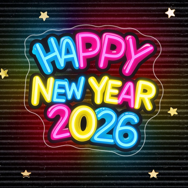 A 'Happy New Year 2026' UV Art neon sign featuring a colorful firework print  by Neon.Shop.
