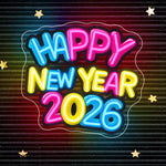 A 'Happy New Year 2026' UV Art neon sign featuring a colorful firework print  by Neon.Shop.