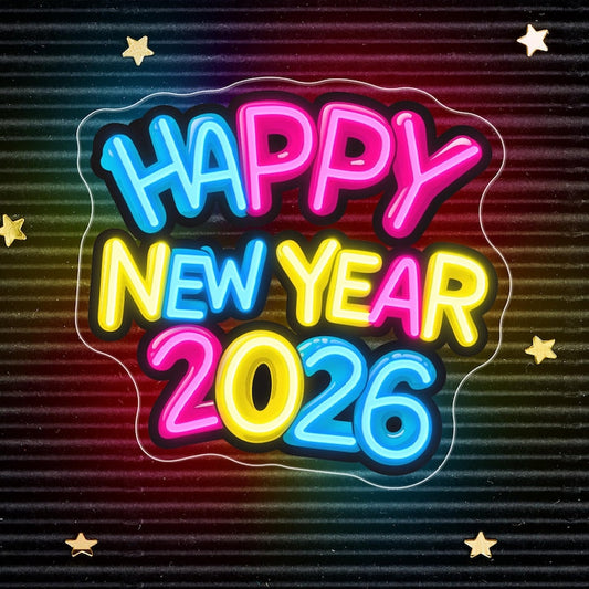 A 'Happy New Year 2026' UV Art neon sign featuring a colorful firework print  by Neon.Shop.