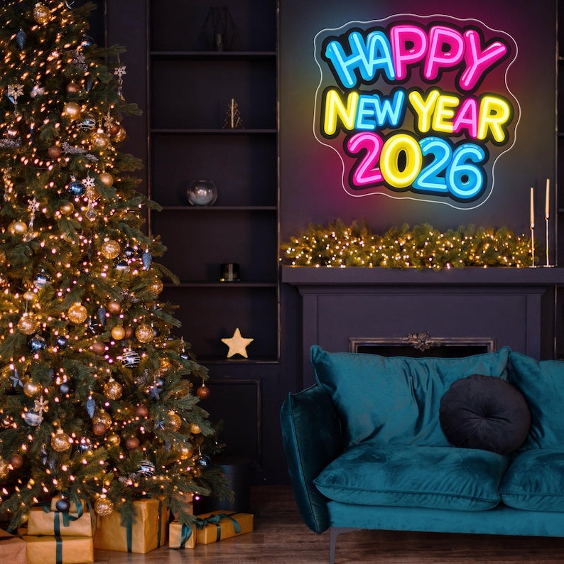 A 'Happy New Year 2026' UV Art neon sign featuring a colorful firework print  by Neon.Shop.