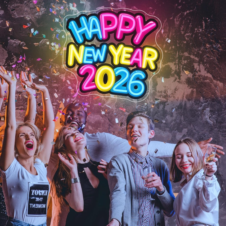 A 'Happy New Year 2026' UV Art neon sign featuring a colorful firework print  by Neon.Shop.