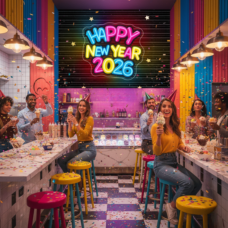 A 'Happy New Year 2026' UV Art neon sign featuring a colorful firework print  by Neon.Shop.
