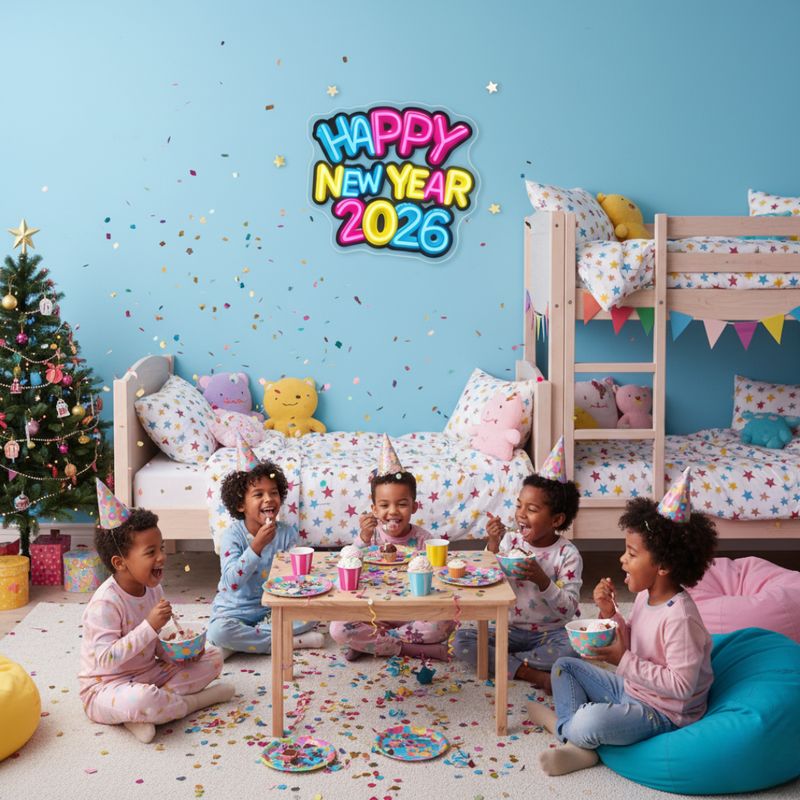 A 'Happy New Year 2026' UV Art neon sign featuring a colorful firework print  by Neon.Shop.
