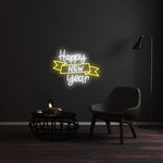 Happy New Year Banner Neon sign by Neon.Shop showing the high-density LED light and clear acrylic backing.