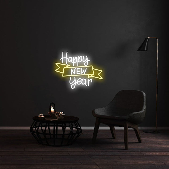 Happy New Year Banner Neon sign by Neon.Shop showing the high-density LED light and clear acrylic backing.