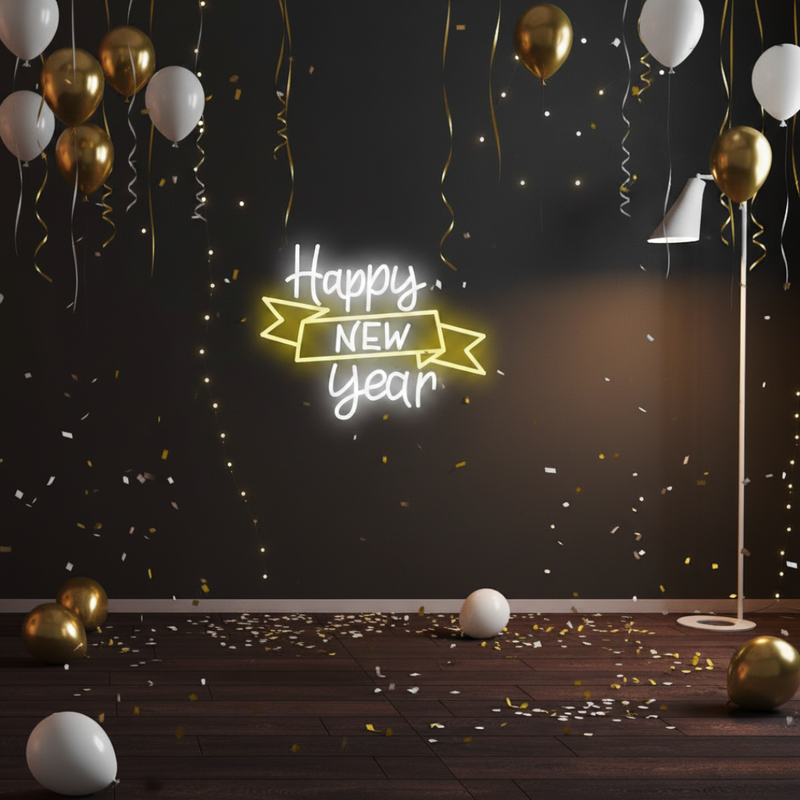 Happy New Year Banner Neon sign by Neon.Shop showing the high-density LED light and clear acrylic backing.