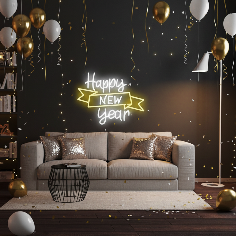Happy New Year Banner Neon sign by Neon.Shop showing the high-density LED light and clear acrylic backing.