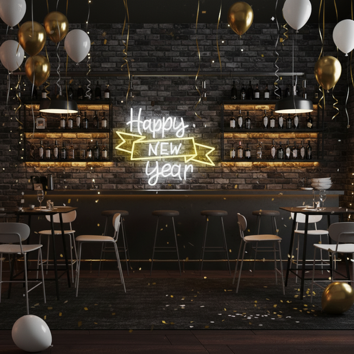 Happy New Year Banner Neon sign by Neon.Shop showing the high-density LED light and clear acrylic backing.