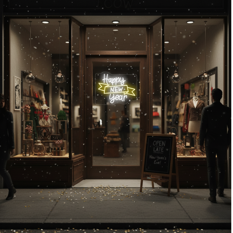 Happy New Year Banner Neon sign by Neon.Shop showing the high-density LED light and clear acrylic backing.