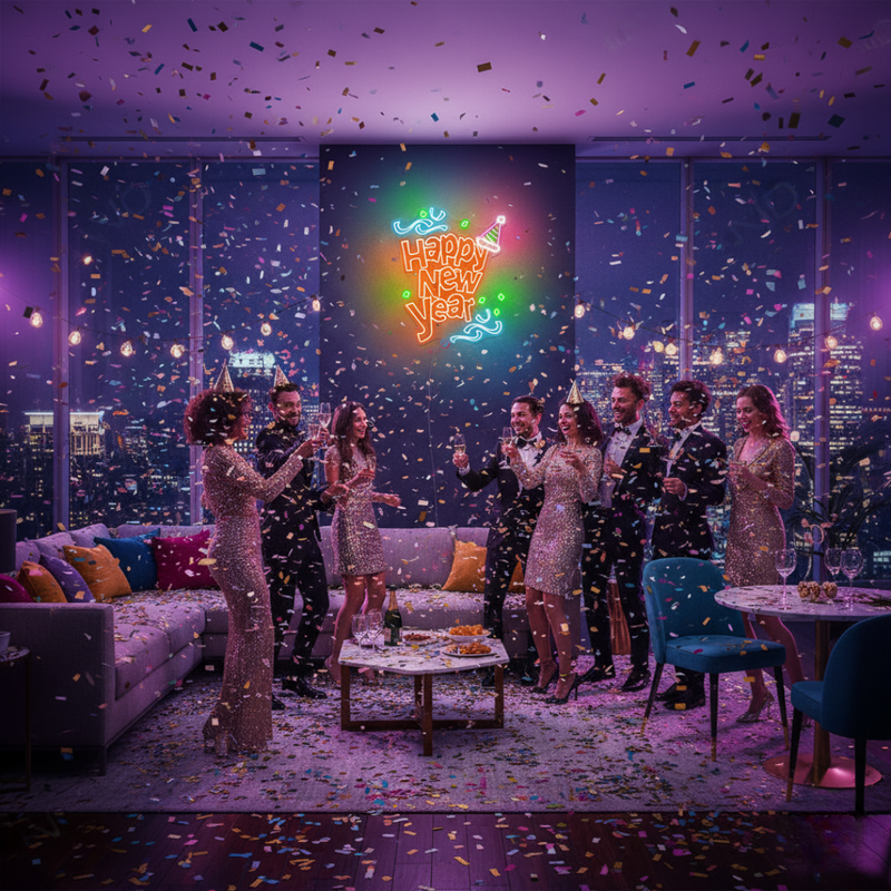 Happy New Year LED neon sign mounted on a greenery wall backdrop at a 2026 New Year's Eve gala, branded by Neon.Shop.