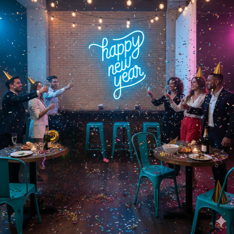 Bright Happy New Year LED neon sign in modern script font, glowing against a dark brick wall by Neon.Shop.