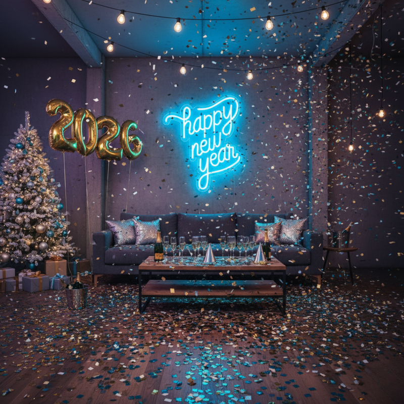 Bright Happy New Year LED neon sign in modern script font, glowing against a dark brick wall by Neon.Shop.