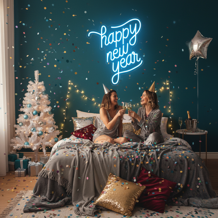 Bright Happy New Year LED neon sign in modern script font, glowing against a Bed room wall by Neon.Shop.