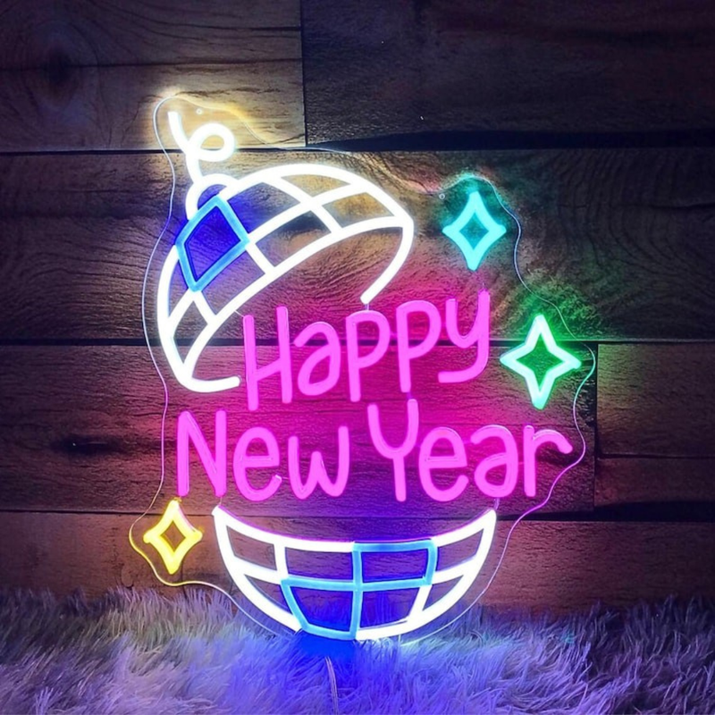 Happy New Year' neon sign in a festive cursive font glowing brightly, designed by Neon.Shop.