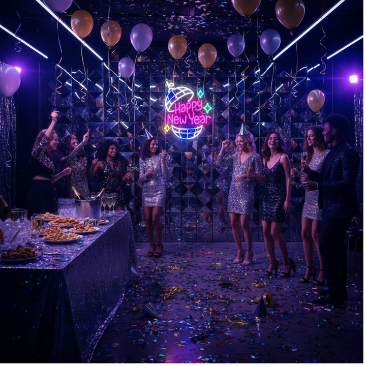 Happy New Year' neon sign in a festive cursive font glowing brightly, designed by Neon.Shop.