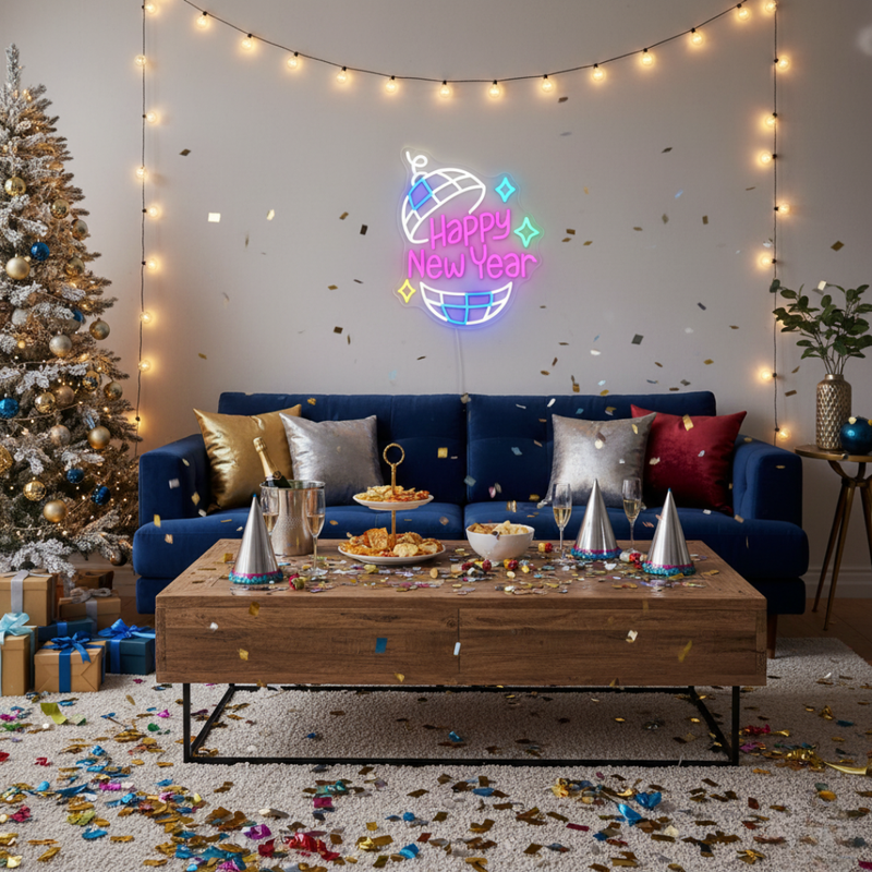 Happy New Year' neon sign in a festive cursive font glowing brightly, designed by Neon.Shop.