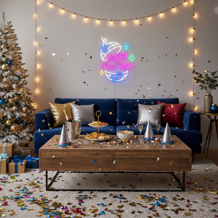 Happy New Year' neon sign in a festive cursive font glowing brightly, designed by Neon.Shop.