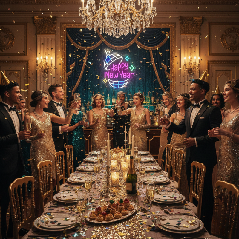 Happy New Year' neon sign in a festive cursive font glowing brightly, designed by Neon.Shop.