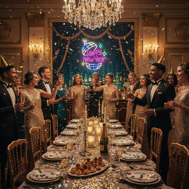 Happy New Year' neon sign in a festive cursive font glowing brightly, designed by Neon.Shop.