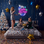 Happy New Year' neon sign in a festive cursive font glowing brightly, designed by Neon.Shop.