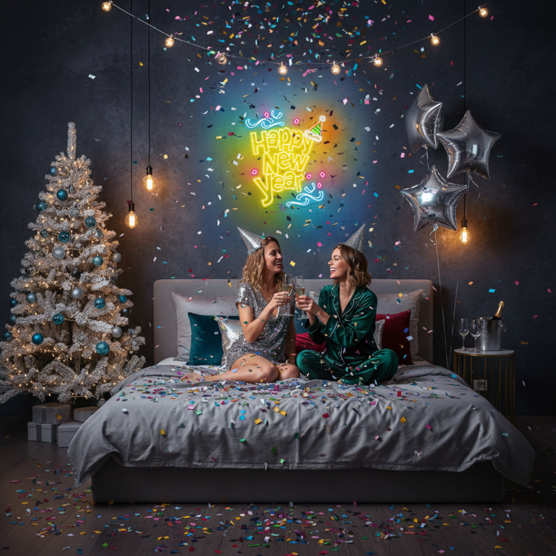 Happy New Year LED neon sign mounted on a greenery wall backdrop at a 2026 New Year's Eve gala, branded by Neon.Shop.