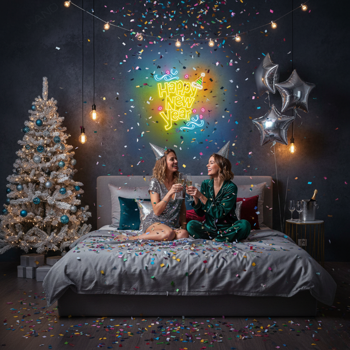 Happy New Year LED neon sign mounted on a greenery wall backdrop at a 2026 New Year's Eve gala, branded by Neon.Shop.