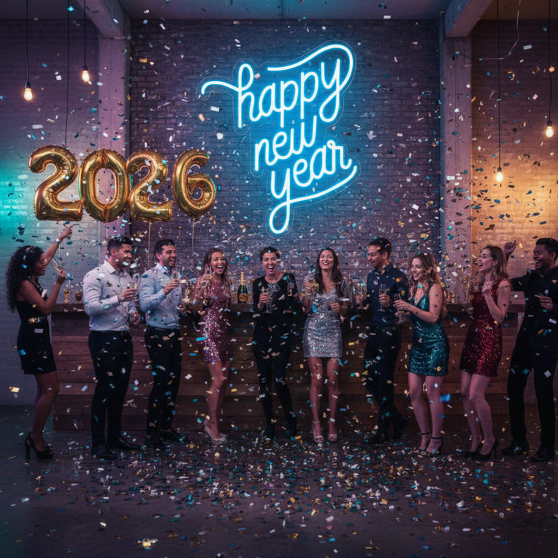 Bright Happy New Year LED neon sign in modern script font, glowing against a dark brick wall by Neon.Shop.